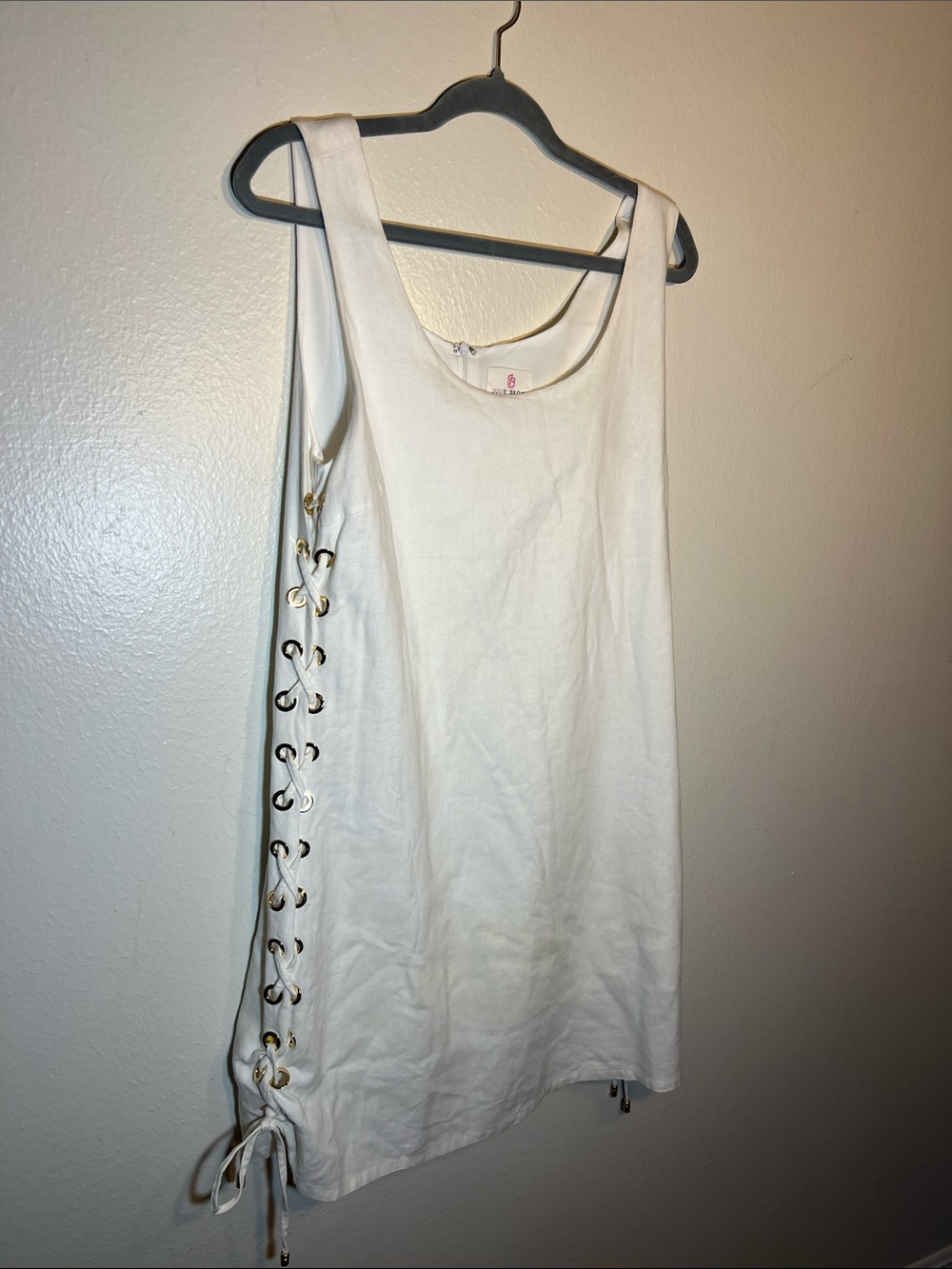 JB Julie Brown Linen Blend Ivory White Sheath Dress Gold Grommets Lace Up M 8
